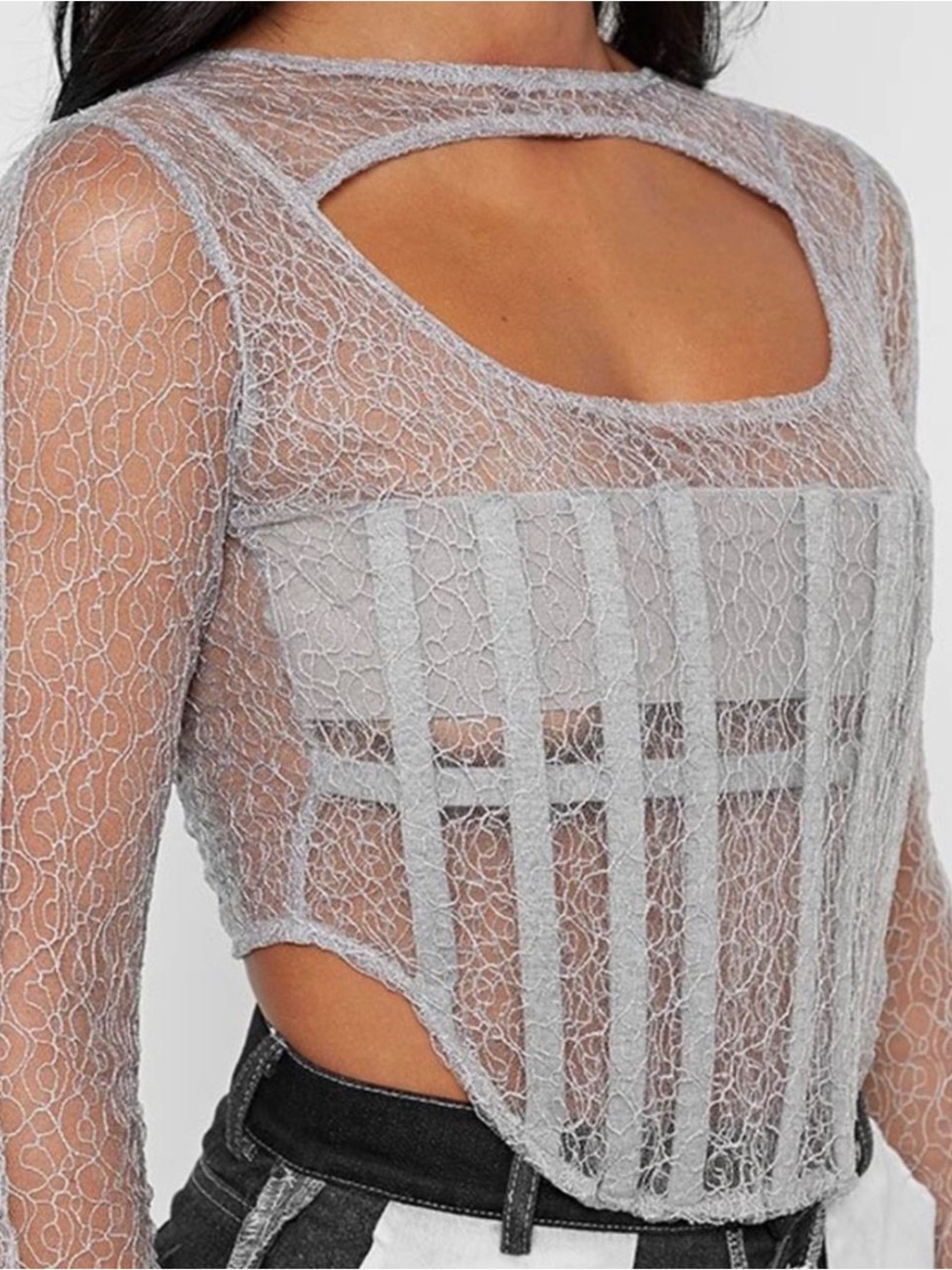 Sheer Lace Corset Crop Top – Manière De Voir – Grey – UK 12 (US 8)